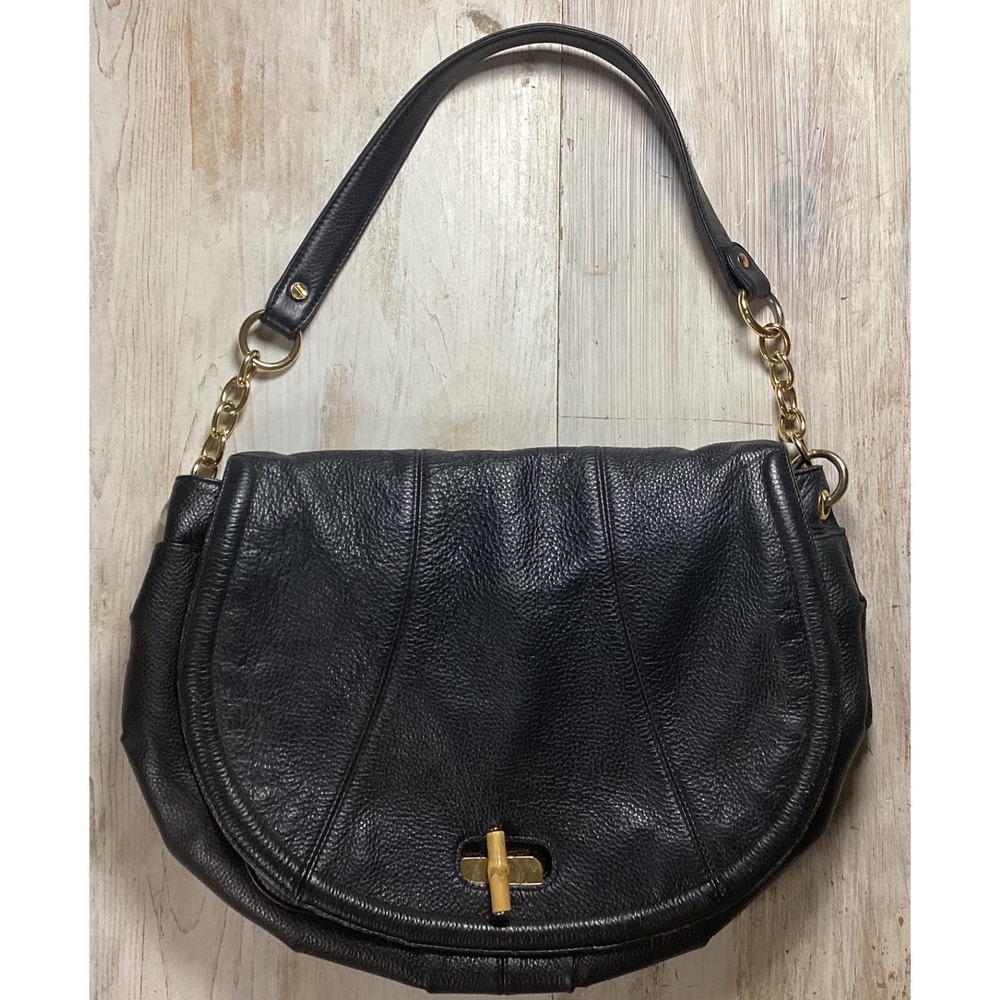 Bodhi Black Pebbled Leather Shoulder Bag Bamboo Turn Lock Gold Hardware Large
